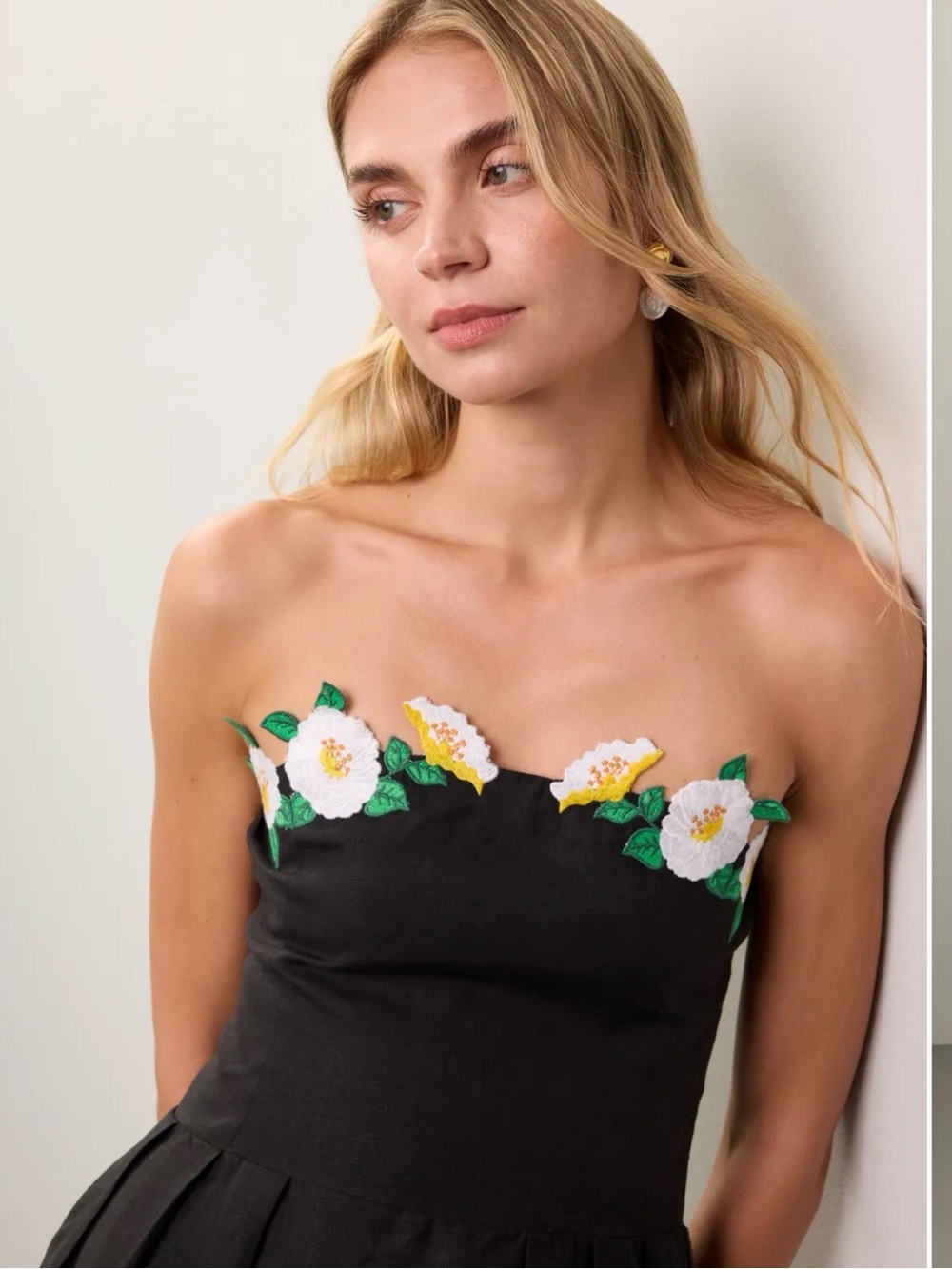 Fanm Mon Strapless Black Midi Dress with Floral Trim Lorr Dress - Picture 3 of 9